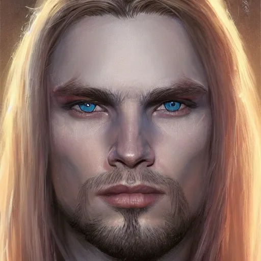 Image similar to 2 7 year old male with blue eyes and long straight blonde hair as a fantasy d & d character, closeup portrait art by donato giancola and greg rutkowski, face, digital art, trending on artstation, symmetry!!