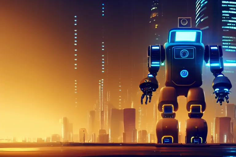 Image similar to a cute big robots in at cyberpunk city. super realistic 8 k render of a elegant, cinematic composition