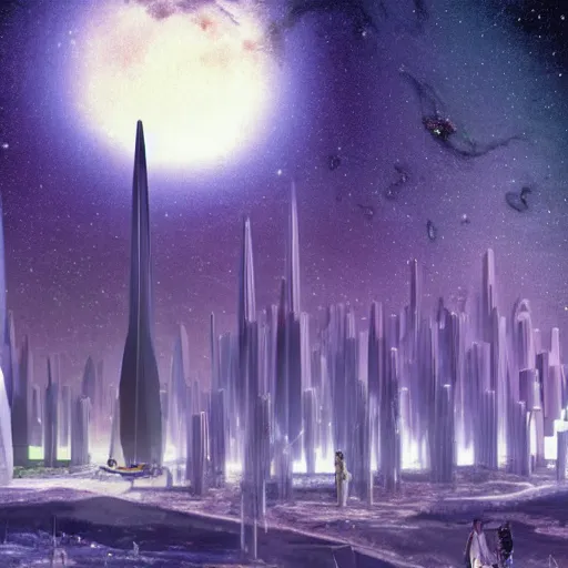 Prompt: a futuristic crystal city with elves. the milky way is in the sky. highley detailed