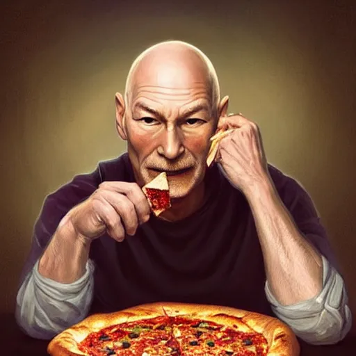 Image similar to portrait of Patrick Stewart eating pizza, highly detailed, digital painting, artstation, concept art, sharp focus, illustration, art by artgerm and greg rutkowski and alphonse mucha