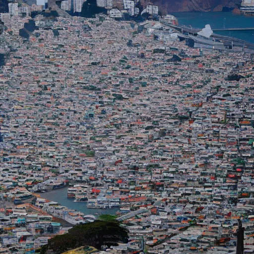 Prompt: color aerial view of San Francisco in 2035, as the sun is setting, and the bay is now filled in with a teeming favela, shanty houses of every different color, recycled materials, electric lines running everywhere, lights coming on in most of the houses, hyperdetailed, ap photo