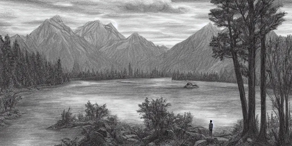 Image similar to A majestic landscape featuring a river, mountains and a forest. There is an old man standing, wearing a backpack and staring at the sunset. Cinematic, very beautiful, pencil drawing