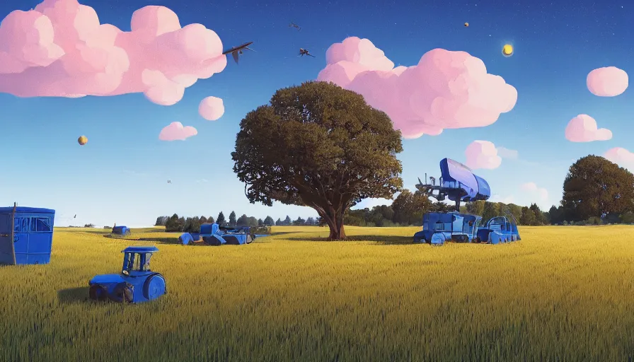 Image similar to hexagon in the sky, wheat field, harvesting machine, big tree, matte painting, art station, blue sky, simon stalenhag