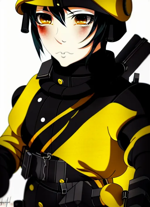 Image similar to anime portrait of a vicious helldiver scout soldier, black armor with yellow accents, closeup on face, ilya kuvshinov, anime, pixiv top monthly, trending on artstation, cinematic, danbooru, zerochan art, kyoto animation