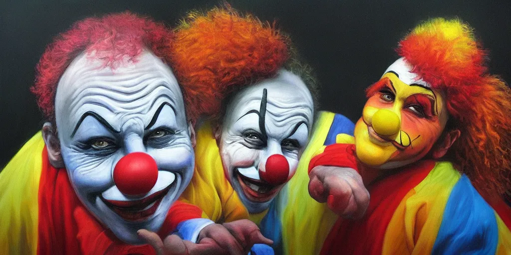 Image similar to a clown riding another clown high resolution amazing realistic painting