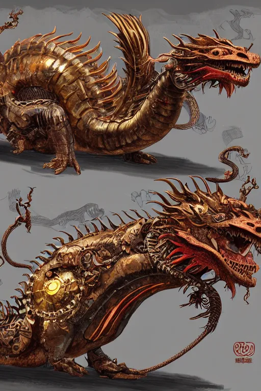 Prompt: illustration, single whole live dragon, old sick gold and crimsoned scaled asian style dragon on a steam punk plank of machinery with wires and gears and steam punk apparatus, matte painting, style of studio ghibli, concept art, featured in artstation and artgerm and pixiv, award winning, cinematic, 8 k