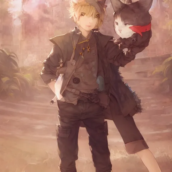 Prompt: character portrait of boy with cat ears and tail resting, color page, tankoban, 4 k, tone mapping, fantasy painting, akihiko yoshida, james jean, andrei riabovitchev, marc simonetti, yoshitaka amano, fluffy, curly, very very very very very very very very very beautiful.