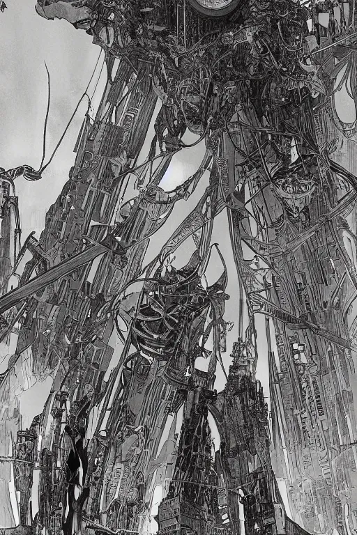 Image similar to comic book illustration, a very tall structure hovers 10 feet above the ground, the ground below it is scorched and cracked and a young girl stands near it looking up at it, cyberpunk concept art by Moebius and Alphonse Mucha, highly detailed, intricate, sci-fi, sharp focus, Trending on Artstation HQ, deviantart