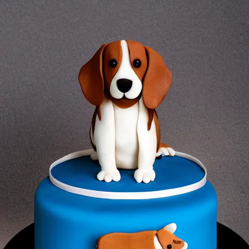 Prompt: a high quality photo of an award winning cake in the shape of a beagle, studio lighting, blue backdrop. HD