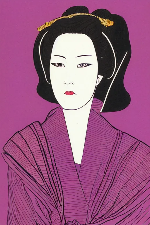 Image similar to 1 9 8 0 s glamour fashion portrait of neo - samurai woman, highly detailed, symmetrical details, flat shading, outlines, by patrick nagel