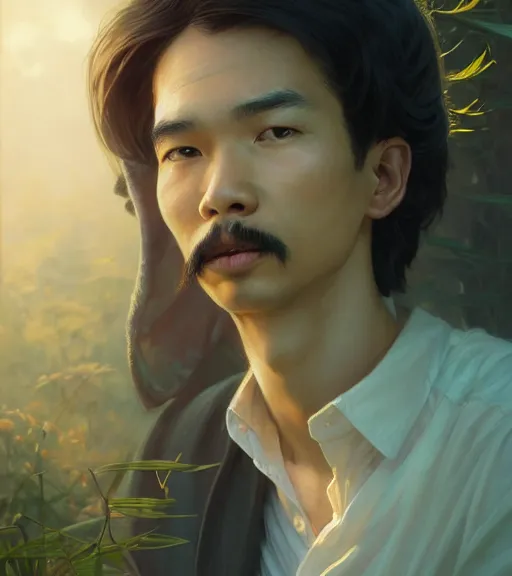 Image similar to highly detailed portrait of a young ho chi minh with long hairs, unreal engine, fantasy art by greg rutkowski, loish, rhads, ferdinand knab, makoto shinkai and lois van baarle, ilya kuvshinov, rossdraws, tom bagshaw, alphonse mucha, global illumination, radiant light, detailed and intricate environment