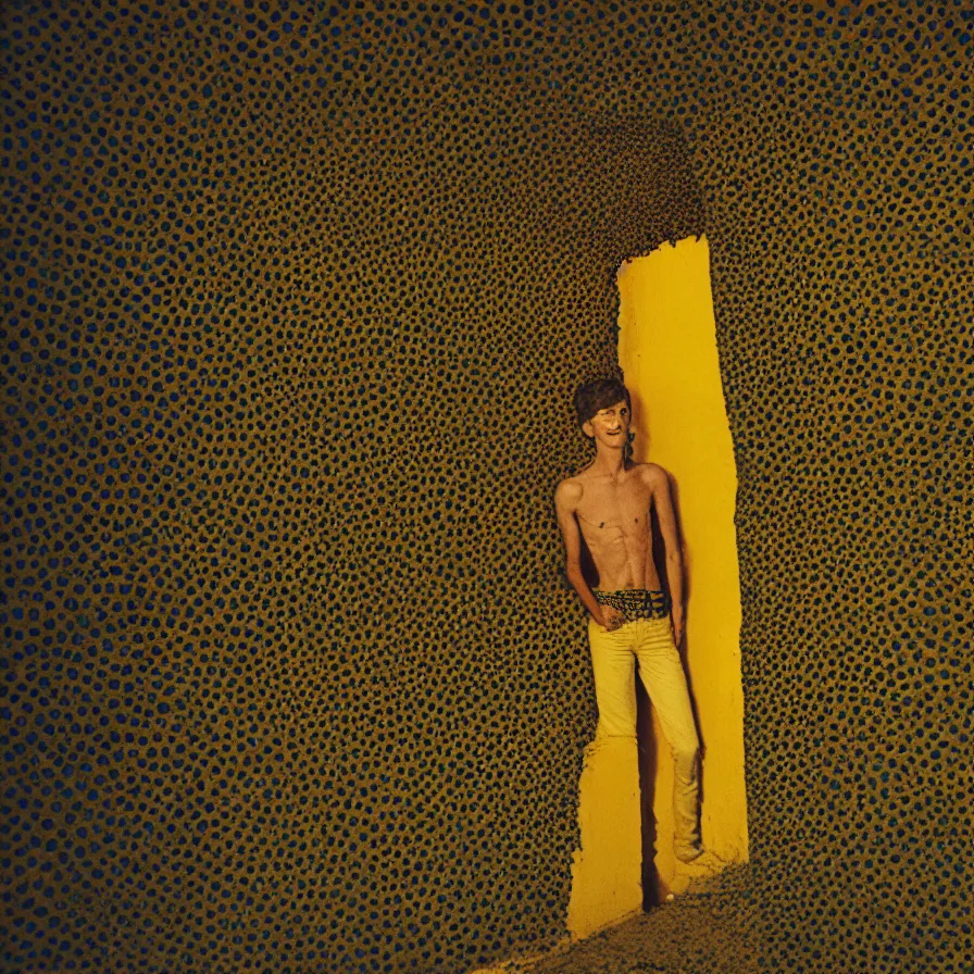 Image similar to 7 0 s movie still of a trypophobia skinny man with trypophobia in a yellow wall soviet tunnel, cinestill 8 0 0 t 3 5 mm eastmancolor, heavy grain, high quality, high detail