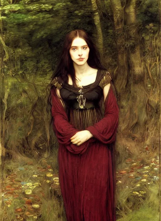 Image similar to a beautiful painting of arwen undomiel by John Everett Millais and Dante Gabriel Rossetti and John Collier and john william waterhouse, pre-raphaelite, detailed, trending on artstation, hd, masterpiece