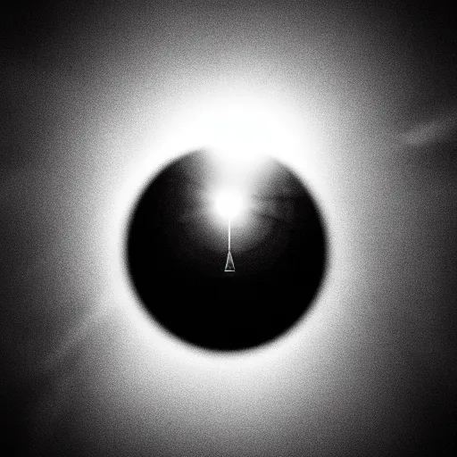 Prompt: an all - seeing eye floating in the sky over a city, high contrast, low key, black and white, lens flare, newspaper, film grain