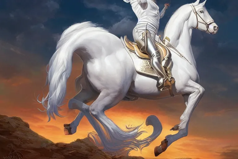 Image similar to donald trump on a majestic white horse, digital painting, artstation, concept art, smooth, sharp focus, illustration, in - frame, centered, art by artgerm and donato giancola and joseph christian leyendecker, ross tran, wlop