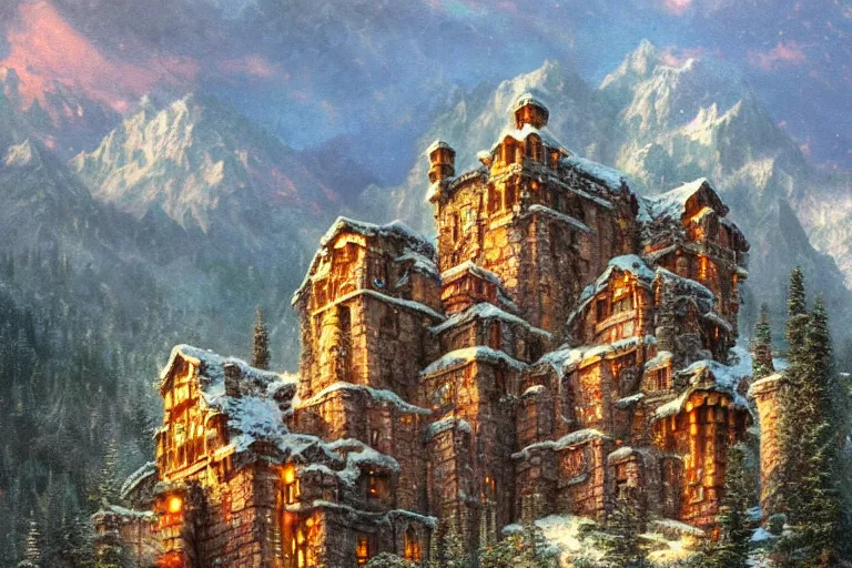 Prompt: Dwarven fortress in the mountains | dwarven architecture | art deco | monumental |photorealistic | hyper detailed | volumetric lighting | thomas kinkade