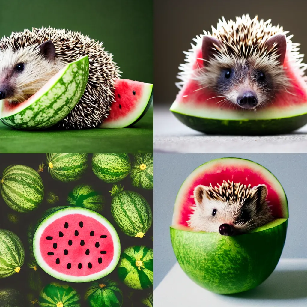 Prompt: a high quality photo of hedgehog in a shape of watermelon