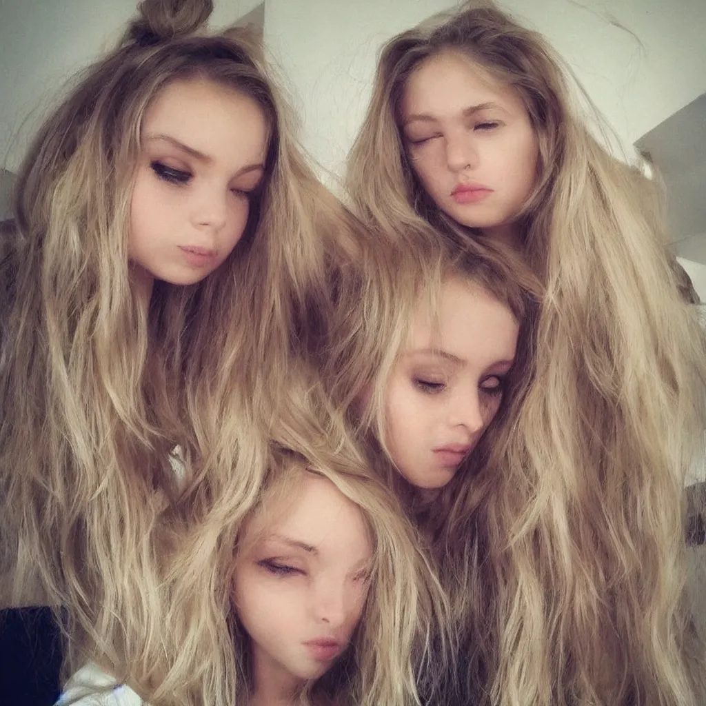 Image similar to a selfie of a beautiful girl pouting with extremely long blonde hair