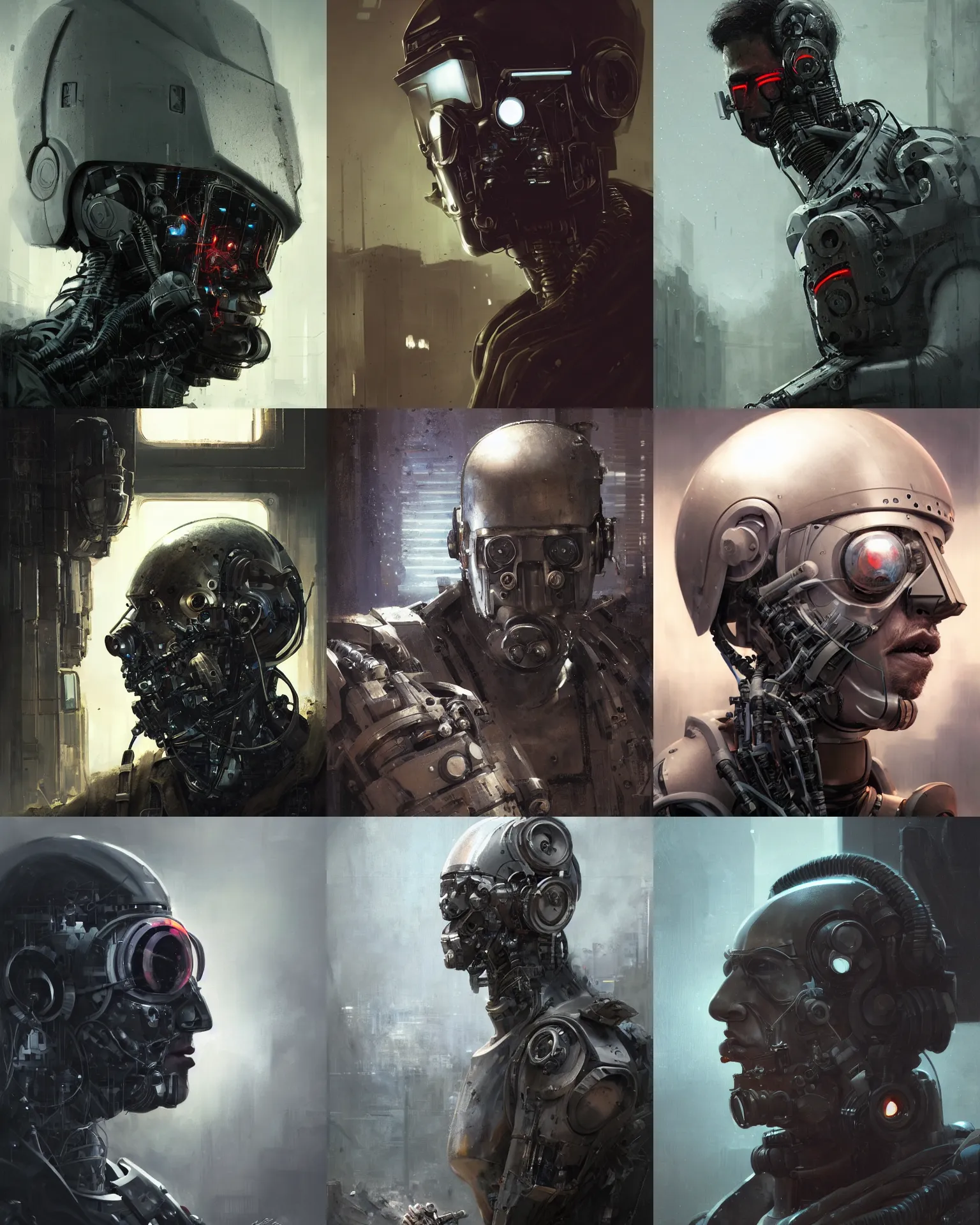 Prompt: a masked rugged laboratory engineer man with cybernetic enhancements as seen from a distance, scifi character portrait by greg rutkowski, craig mullins, daytoner, 1 / 2 headshot, cinematic lighting, dystopian scifi gear, gloomy, profile picture, mechanical, cyborg, half robot, implants, dieselpunk