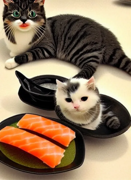 Image similar to clear photorealistic picture of adorable cats made out of sushi