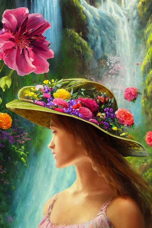 Prompt: oil painting, romanticism, girl in hat and dress of fresh flowers, cave with waterfall, roses, lilies, chrysanthemums, irises, water drops, water jets, overhead light, 4 k, 8 k