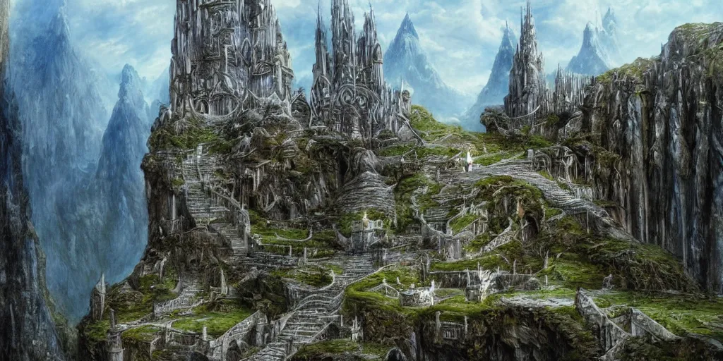 Image similar to an elven city built into the side of a mountain, pristine, by alan lee, lord of the rings, smooth, detailed terrain, oil painting, matte painting, concept art, trending on artstation