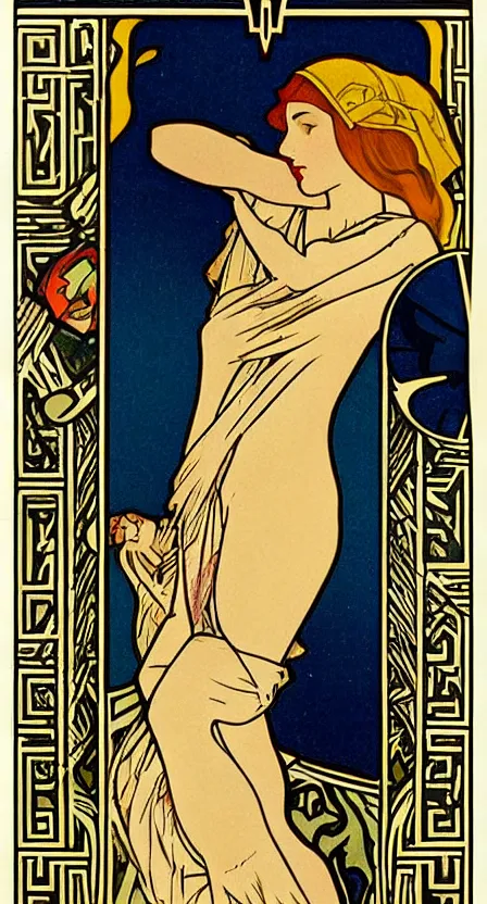Image similar to a tarot card of a person walking off a cliff and carrying a hobo sack, illustrated in an art deco style by tamara de lempika and an elegant border by alphonse mucha.