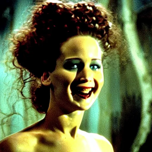 Image similar to jennifer lawrence as the bride of frankenstein, color photography, sharp detail, wicked smile, still from the movie van helsing