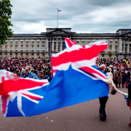 Image similar to a picture of buckingham palace very very very accurate with a gigantic crowd of protestors on the street, the sky is blue and everyone is holding russian flags or posters with prince andrew's face wide shot hyperrealistic photography 7 0 mm