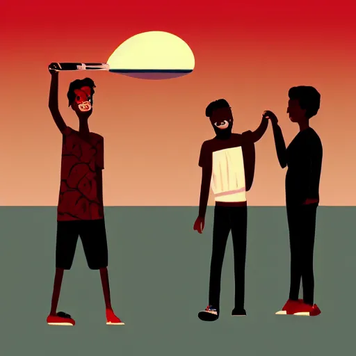 Image similar to a bill. a bong. a group of friends. enjoying themselves and laughing it up. sun set. red accents. illustration. inspired by routine.