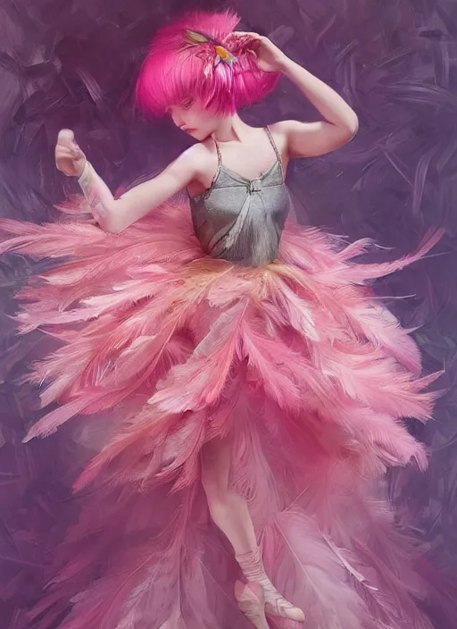 Prompt: beautiful little girl with an pink eccentric haircut wearing an dress made of feathers dancing on stage, artwork made by ilya kuvshinov, inspired in donato giancola, hd, ultra realistic, reflection, flowers, light, realistic face, bird, pixiv