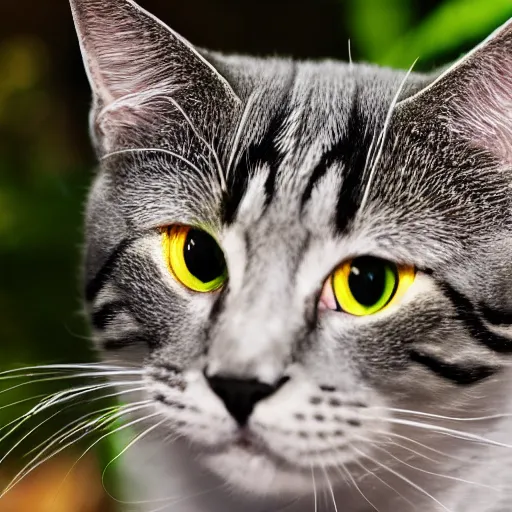 Prompt: photograph of a rainbow cat staring at the camera, shallow focus, wide angle lens, hyper realistic, macro, 8 5 mm