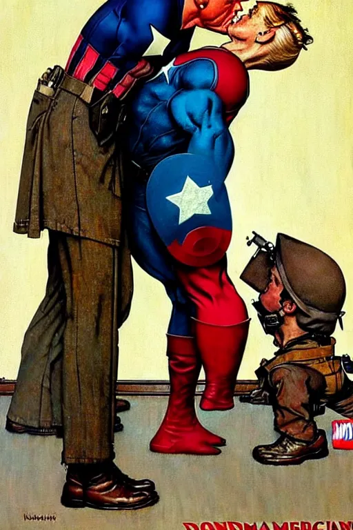 Image similar to norman rockwell painting of captain america kissing donald trump