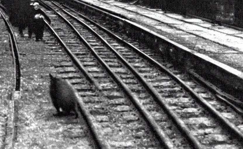 Prompt: old photo from 1 9 5 9. very large giant mutant antropomorphic rat staying on railways in round tonnel of moscow metropolitan. extreme high detail. low light, scary atmosphere, darkness