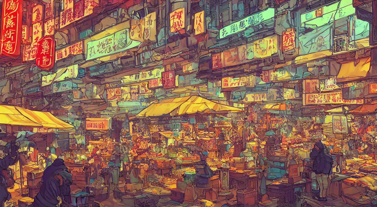 Image similar to a market in hong kong painting stylized digital illustration video game icon global illumination ray tracing neon that looks like it is from borderlands and by feng zhu and loish and laurie greasley, victo ngai, andreas rocha, john harris