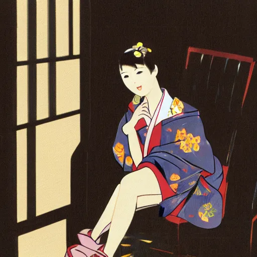 Image similar to A young lady in a kimono with almond-shaped eyes, sitting on a chair in a huge empty room, a black cat sitting on the window, a girl smiling, style