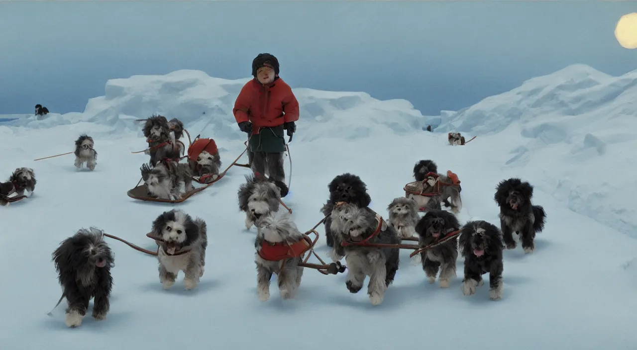 Image similar to havanese dogs and men in the arctic, havanese dogs pulling dog sleds, 1 9 0 0, tartakovsky, atey ghailan, goro fujita, studio ghibli, rim light, bright harsh lighting, clear focus, very coherent