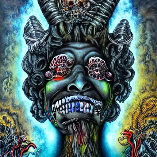 Image similar to a demon with dreadlocks telling a joke, airbrush art, shamanic horror lsd art, by basuki abdullah