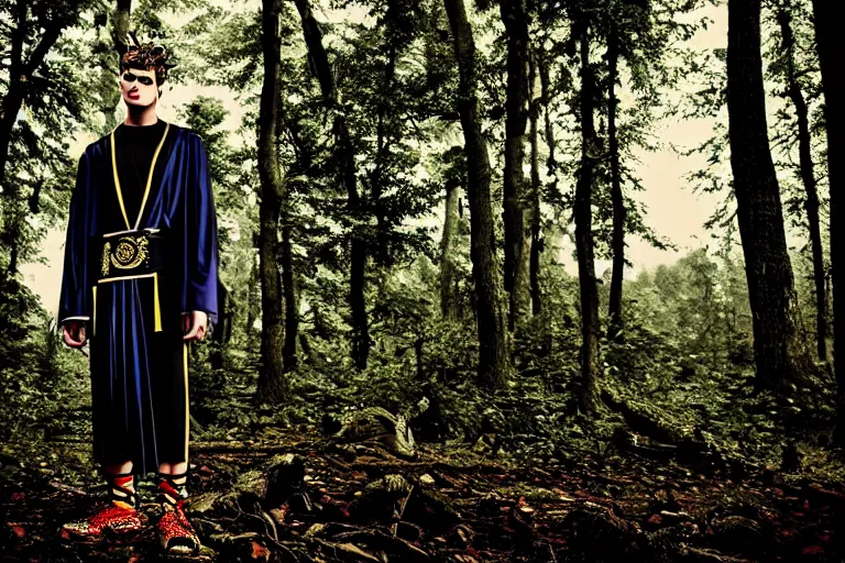 Image similar to versace avant garde male toga intricate textiles streetwear cyberpunk posing in the woods trees cloudy overcast dark late evening dramatic 3 5 mm professional color