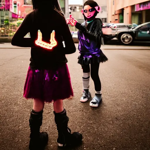 Prompt: a full body photo of a girl dressed in cyberpunk gear with her hands holding a smaller girl in her palm, 5 0 mm lens, f 1. 4, sharp focus, ethereal, emotionally evoking, head in focus, volumetric lighting, blur dreamy outdoor,