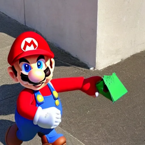 Image similar to super mario throwing away some trash