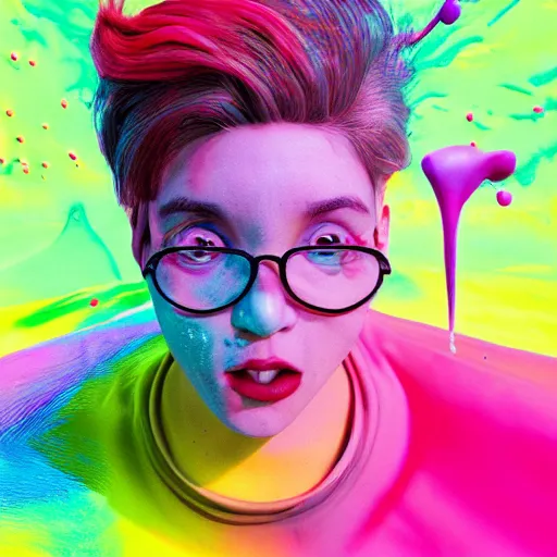 Image similar to born again christian tiktok influencer eating melting crayons and winking to their followers, in the style of james jean, artstation trending, 8 k, 3 d render, photorealistic, volumetric lighting caustics, pink