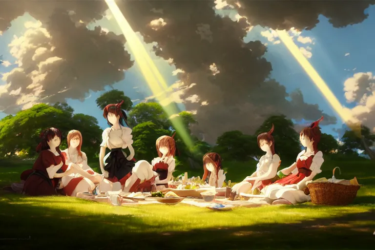 Prompt: baroque oil painting of anime key visual concept art of anime maids having a picnic in rolling green plains, sunrays breaking through clouds, grimdark steampunk high fantasy, trending on artstation, brush strokes, oil on canvas, style of makoto shinkai and greg rutkowski and studio ghibli