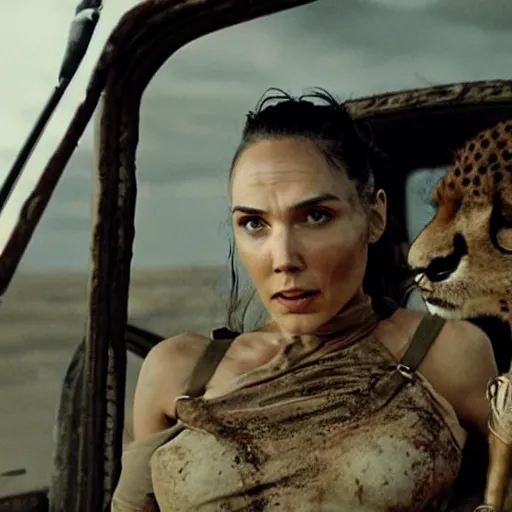 Image similar to a film still from the movie mad max fury road of the anthropomorphic cheetah raiders driving around in the post apocalyptic wasteland gal gadot