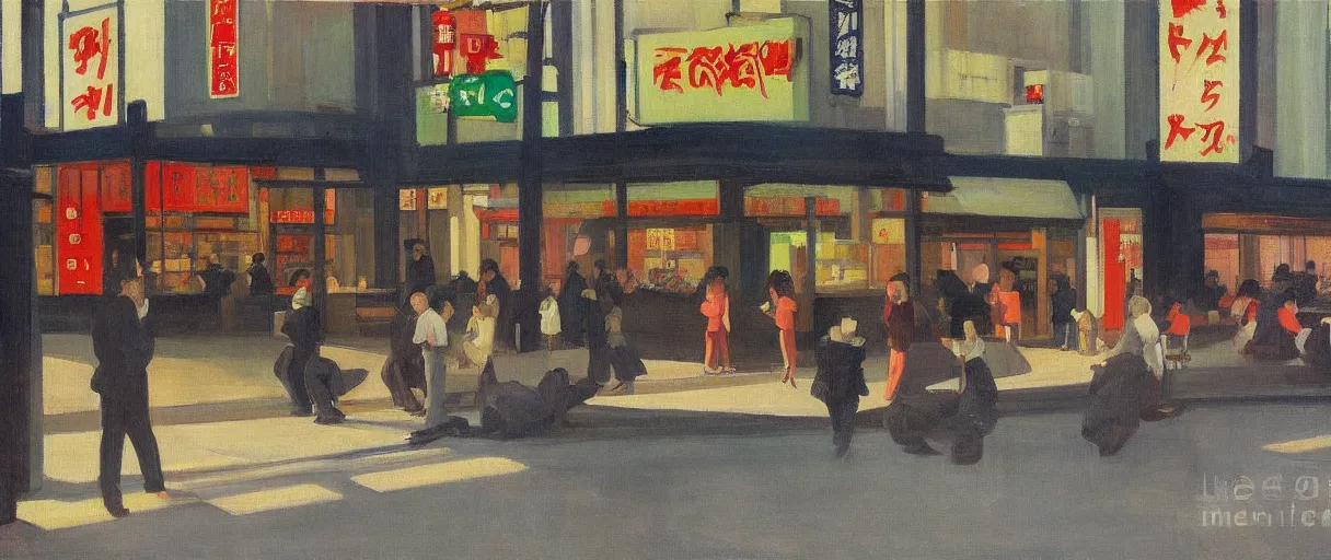 Prompt: an edward hopper style painting of a busy road in tokyo shibuya, spring