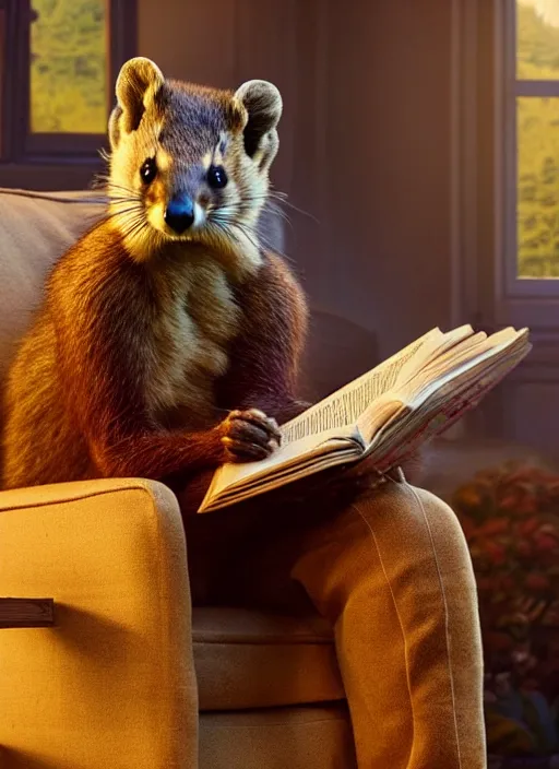 Image similar to A beautiful scene from a 2022 Marvel film featuring a humanoid pine marten wearing loose clothing reading on a couch. An anthropomorphic pine marten. Golden hour.