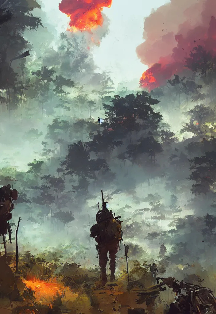 Image similar to ismail inceoglu painting of vietnam war scenary, year 1 9 7 0, jungle, fire smoke and explosions, painting, line art, art concept for a book cover, trending on artstation, by greg manchess and by craig mullins and by kilian eng and by jake parker