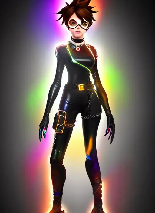 Image similar to full body digital artwork of tracer overwatch, wearing black iridescent rainbow latex, 4 k, expressive happy smug expression, makeup, in style of mark arian, wearing detailed black leather collar, wearing chains, black leather harness, leather cuffs around wrists, detailed face and eyes,