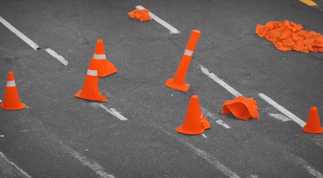 Prompt: Action shot of an orange construction traffic cone smashing the windshield of a single 1993 brown nissan maxima, photo realistic, night, photo realistic, depth of field, award winning, cinematic, color graded