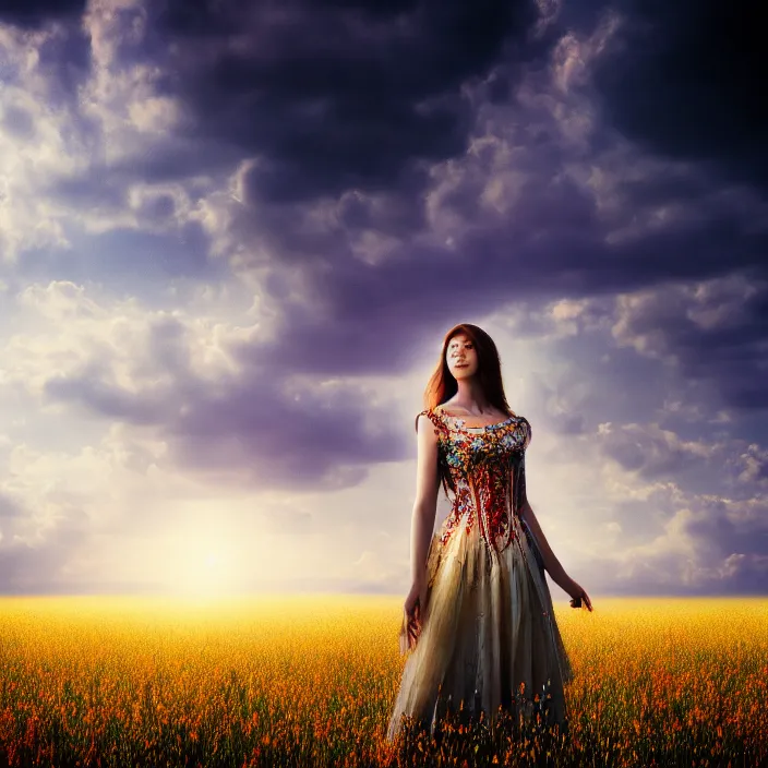 Prompt: photo of a very beautiful!! woman on intricate dress in an endless heavenly meadow, 4 k, hdr, smooth, sharp focus, high resolution, award - winning photo, trending on artstation, 5 0 mm